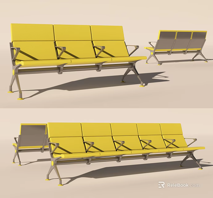 Yellow And Gray Public Chairs With Metal Frame And Multiple Seats 3d model 
