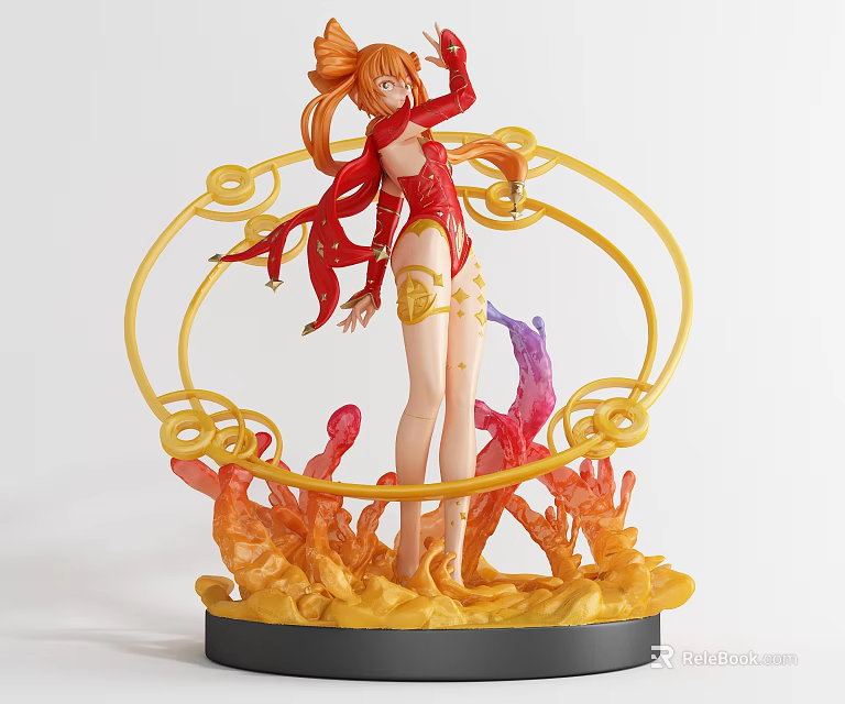 Detailed Anime Character Figurine With Orange Hair Red Outfit Yellow Circular Frame And Flame Base 3d model 
