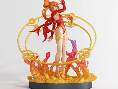 Detailed Anime Character Figurine With Orange Hair Red Outfit Yellow Circular Frame And Flame Base 3d model