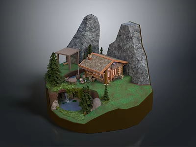 Mountain Scene Model With Wooden Cabin Pine Trees Waterfall And Rocky Hills 3d model