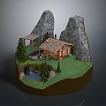 Mountain Scene Model With Wooden Cabin Pine Trees Waterfall And Rocky Hills