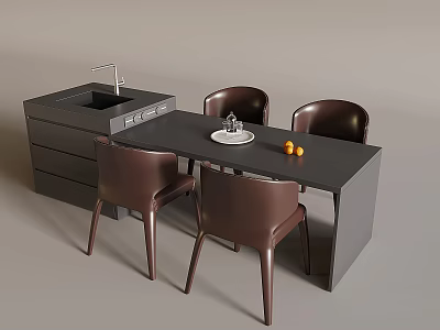 Modern Dining Table Set With Dark Surface And Brown Leather Chairs And Fruit Decor 3d model