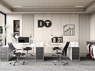 Modern Office Interior With IT Sign Digital Clock Desks And Office Chairs 3d model