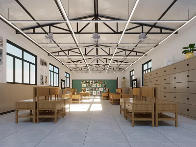 School Spacious Open Area Featuring Long Wooden Tables Lockers Windows Fans Green Plants and Blackboard 3d model