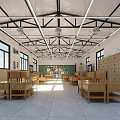 School Spacious Open Area Featuring Long Wooden Tables Lockers Windows Fans Green Plants and Blackboard
