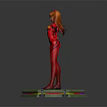 Game and Movie Character with Orange Hair in Red Bodysuit Standing on Colorful Illuminated Base