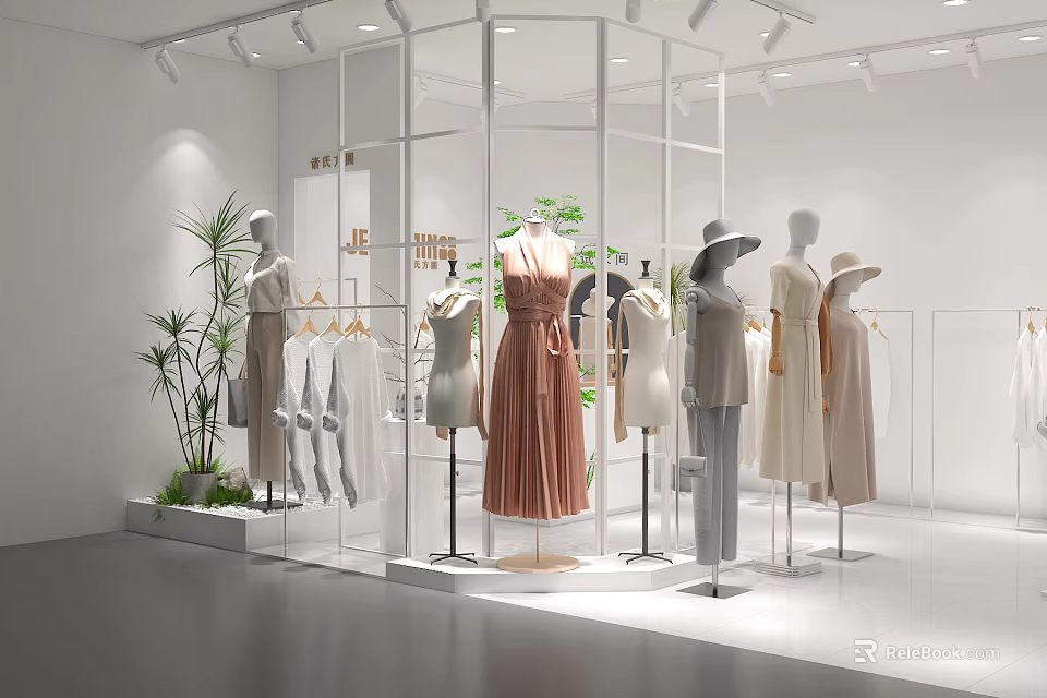 Modern Shopping Mall Clothing Store with Mannequins Dresses Pants Hats and Green Plants 3d model 