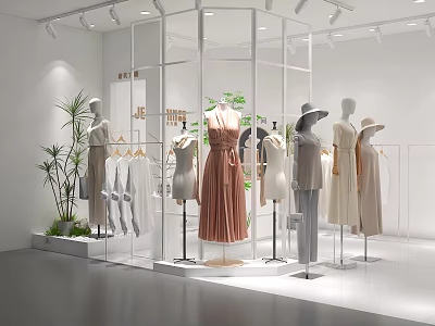Modern Shopping Mall Clothing Store with Mannequins Dresses Pants Hats and Green Plants 3d model