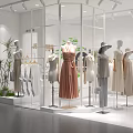 Modern Shopping Mall Clothing Store with Mannequins Dresses Pants Hats and Green Plants