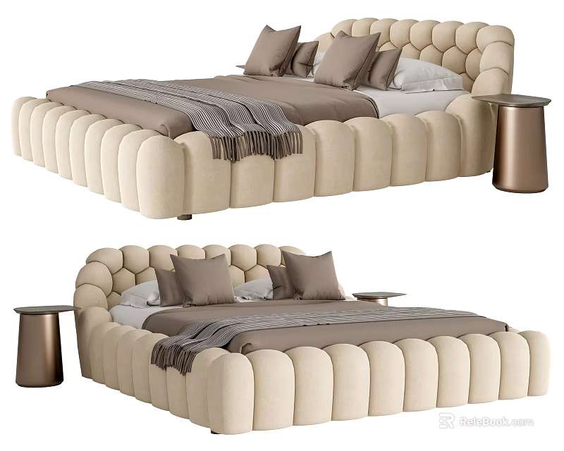 Modern Tufted Beige Double Bed With Plush Upholstery Neutral Pillows Linen Bedding And Gold Nightstand 3d model 