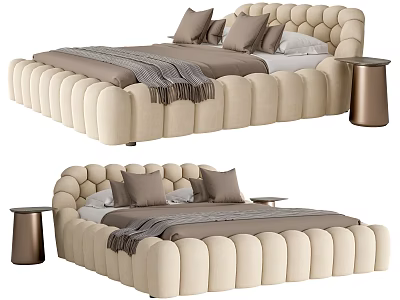 Modern Tufted Beige Double Bed With Plush Upholstery Neutral Pillows Linen Bedding And Gold Nightstand 3d model
