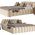 Modern Tufted Beige Double Bed With Plush Upholstery Neutral Pillows Linen Bedding And Gold Nightstand