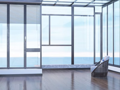 Bright Spacious Living Room With Ocean View Large Windows And Single Sofa On Wooden Floor 3d model