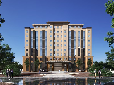 Modern Office Building Exterior With Glass Windows Water Feature And Trees Surrounding Area 3d model
