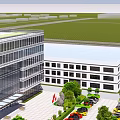 Modern Office Building Exterior Design With Glass Curtain Wall Greenery And Pedestrians