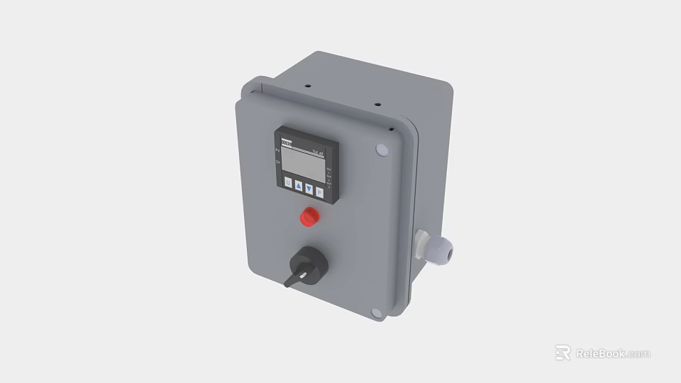 Gray Industrial Control Box With Digital Display Red Button And Control Knob 3d model 