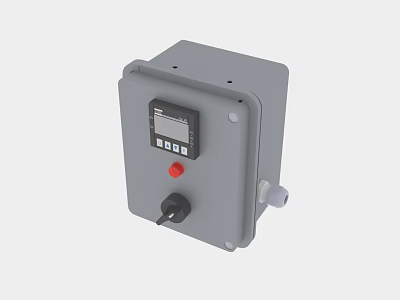 Gray Industrial Control Box With Digital Display Red Button And Control Knob 3d model