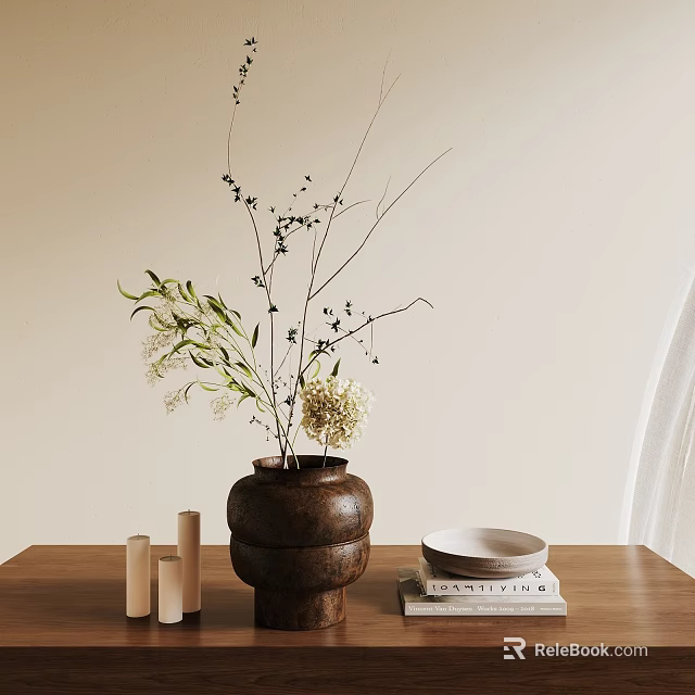 Brown Textured Ceramic Vase With Natural Dried Branches And White Blooms On Wooden Table 3d model 