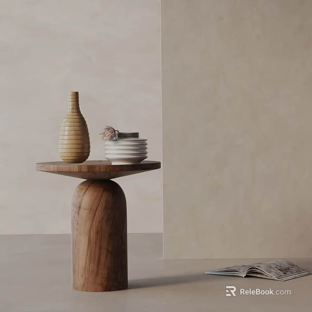 Minimalist Wooden Side Table with Striped Vase White Plates and Small Brush in Neutral Tones 3d model 