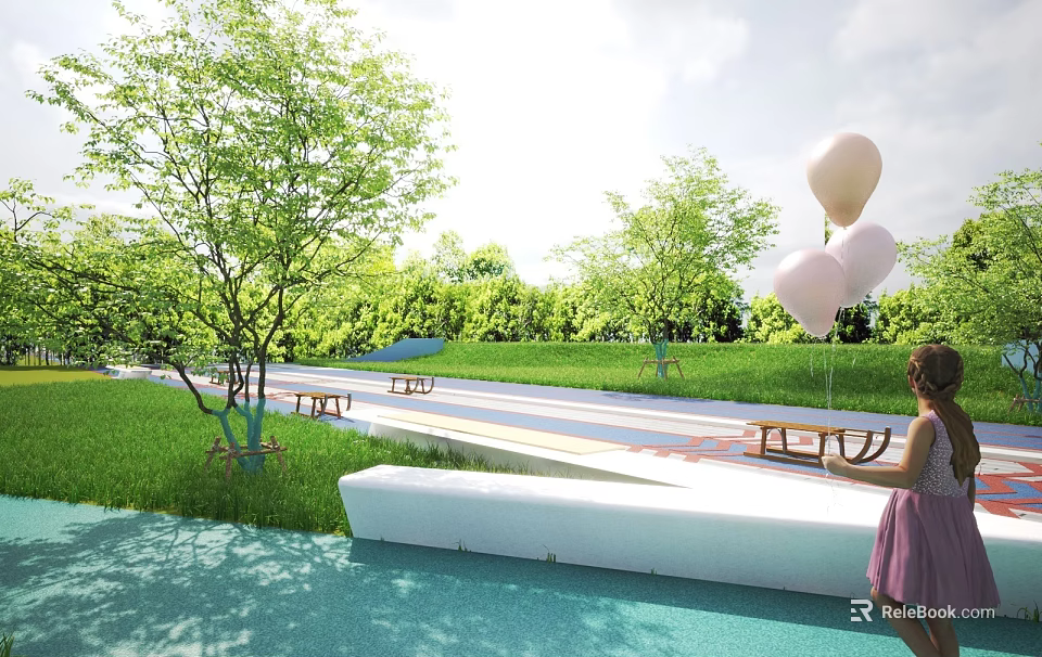 Scenic Park Landscape With Green Trees Lush Lawn Slide Benches And Balloons Near Little Girl 3d model 