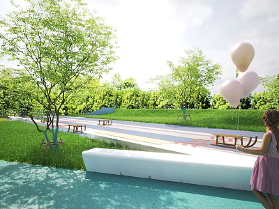 Scenic Park Landscape With Green Trees Lush Lawn Slide Benches And Balloons Near Little Girl 3d model