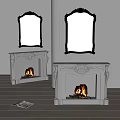 White Ornate Fireplace Design With Flames And Decorative Mirrors In Interior Space