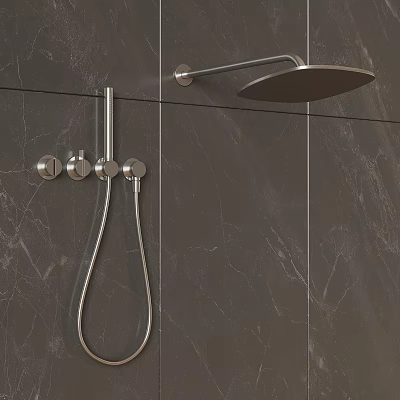 Modern Minimalist Shower System with Rainfall Showerhead Handheld and Chrome Controls on Grey Marble Wall 3d model