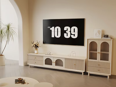 Modern Living Room Interior With Light Wooden TV Stand Display Cabinet And Arched Doorway 3d model