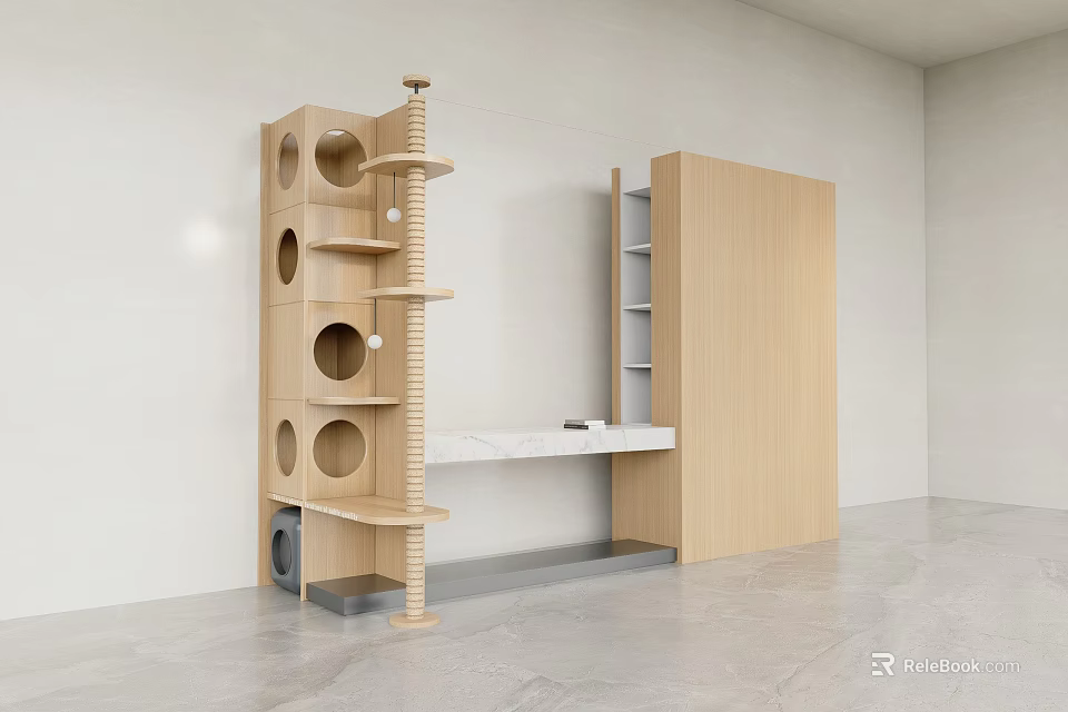 Pet Shop Interior Featuring Wooden Cat Tree Circular Holes Cabinet Open Shelves White Countertop 3d model 