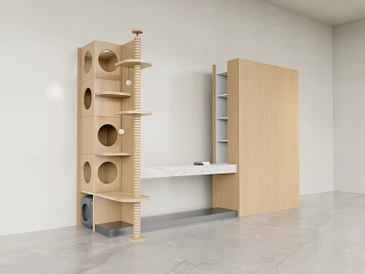Pet Shop Interior Featuring Wooden Cat Tree Circular Holes Cabinet Open Shelves White Countertop 3d model
