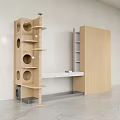 Pet Shop Interior Featuring Wooden Cat Tree Circular Holes Cabinet Open Shelves White Countertop