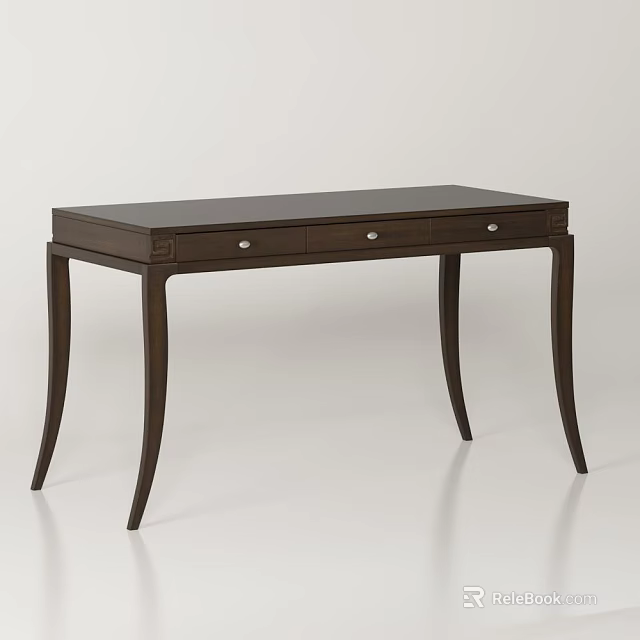 Elegant Brown Wooden Desk With Three Drawers Slender Legs Classic Design 3d model 