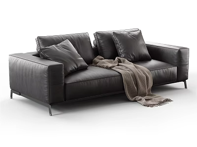 Modern Black Leather Two Seater Sofa With Cushions And Throw Blanket On Metal Legs 3d model