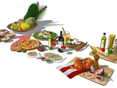 Assorted Fresh Foods Including Pizza Sausages Fruits Vegetables Pasta Bread And Olive Oil 3d model