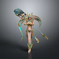 Elegant Woman in Golden Ornate Outfit Holding Decorative Staff with Intricate Headpiece and Flowing Ribbons