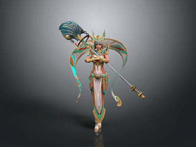 Elegant Woman in Golden Ornate Outfit Holding Decorative Staff with Intricate Headpiece and Flowing Ribbons 3d model
