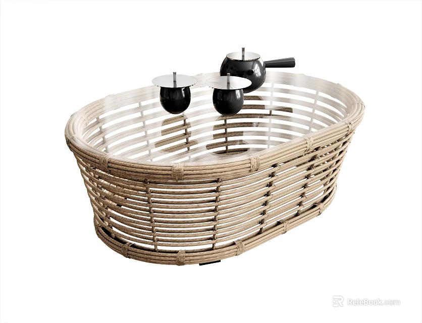 Oval Woven Rattan Coffee Table With Two Black Small Decorative Candle Holders 3d model 