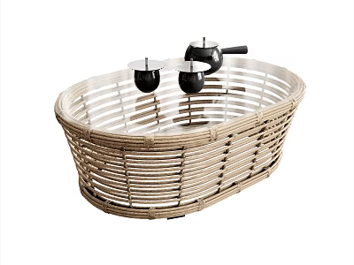 Oval Woven Rattan Coffee Table With Two Black Small Decorative Candle Holders 3d model