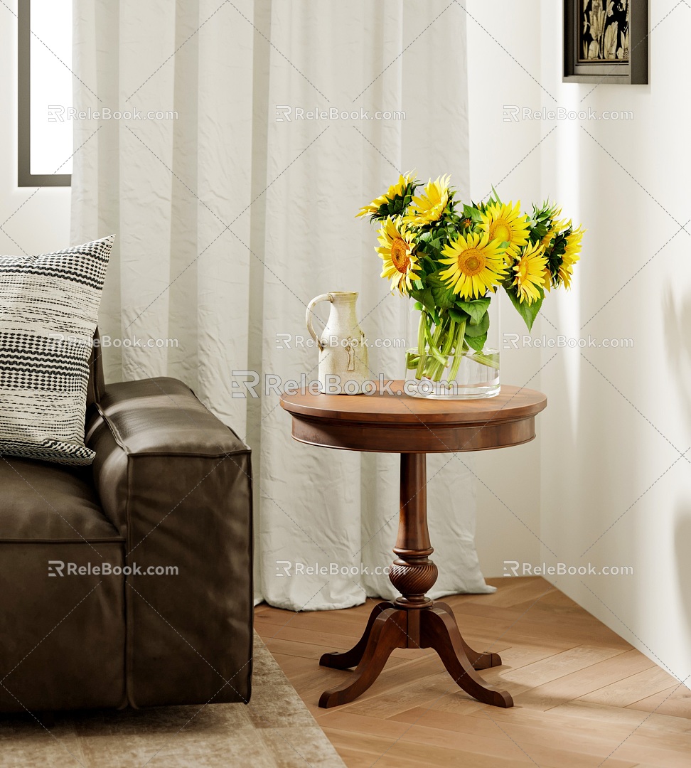 European Round Side Table Solid Wood Side Table Small Round Table Sunflower Vase Pottery Pot Pottery Pot 3d model