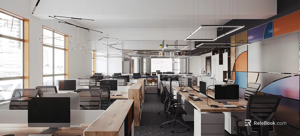 Modern Public Office Space With Workstations Computers Office Chairs And Lighting Fixtures 3d model 