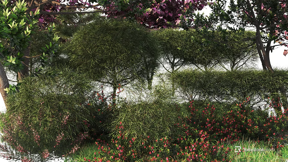 Various Types Of Bushes With Lush Green Foliage And Red Blooms In Garden 3d model 