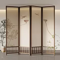 Modern Chinese Style Folding Room Divider With Floral And Bird Patterns And Indoor Plants