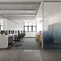 Modern Public Office Space with Multiple Desks Computers Ergonomic Chairs Large Windows and Open Layout 3d model