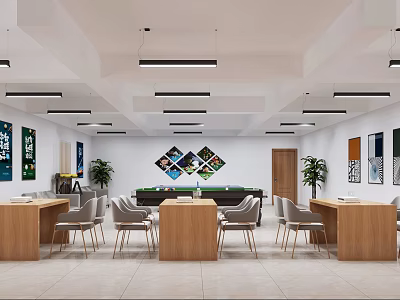 Indoor Recreational Lounge With Wooden Tables Billiard Table Art Decor And Plants 3d model
