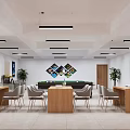 Indoor Recreational Lounge With Wooden Tables Billiard Table Art Decor And Plants