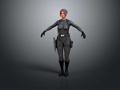 Female Character In Black Tight Combat Suit Standing With Arms Outstretched And Waist Weapon Gear 3d model