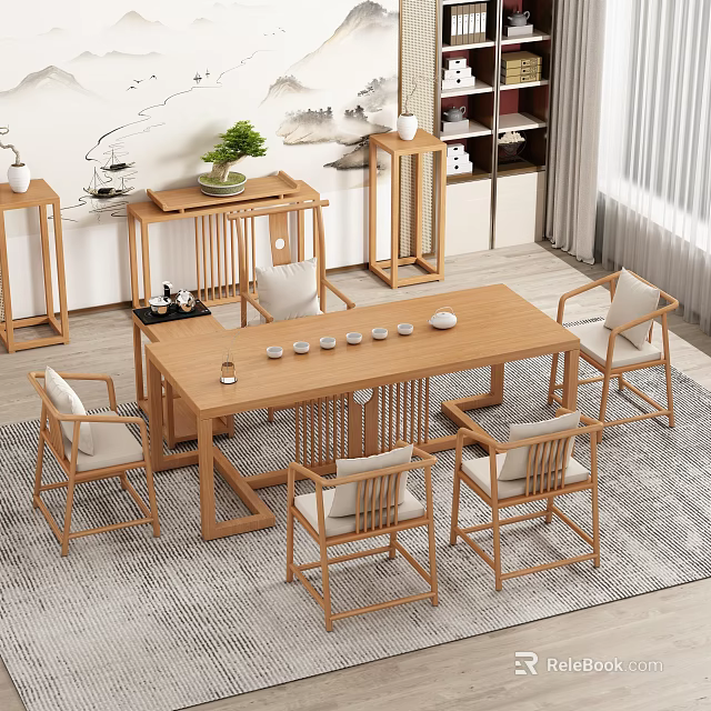Chinese Style Wooden Tea Table and Chairs with Tea Sets Plant and Decorative Shelves 3d model 