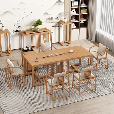 Chinese Style Wooden Tea Table and Chairs with Tea Sets Plant and Decorative Shelves 3d model