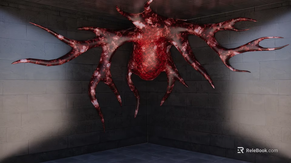 Giant Red Fleshy Tentacled Organism Suspended In Dark Gray Concrete Room 3d model 