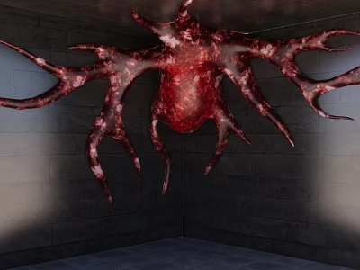 Giant Red Fleshy Tentacled Organism Suspended In Dark Gray Concrete Room 3d model